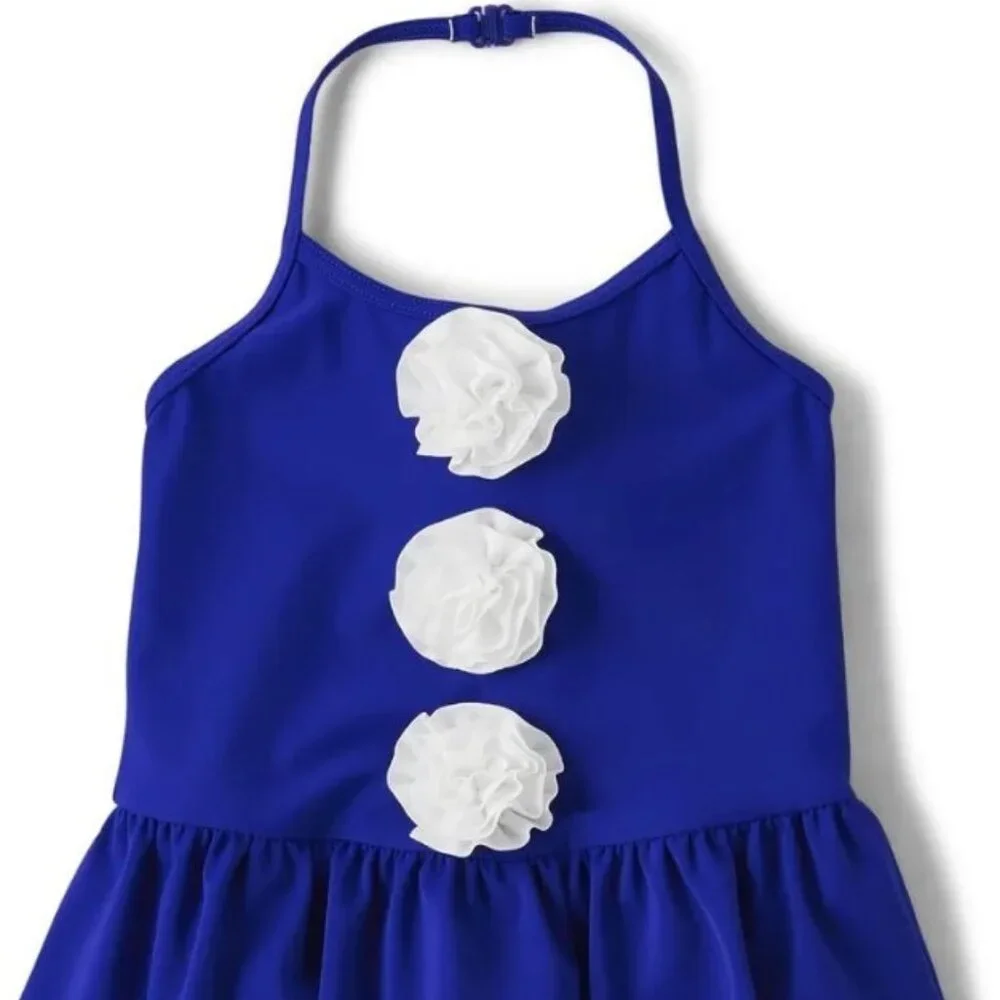 Gymboree Girls 12 Blue 1 Piece Ruffle Flower Bathing Swim Suit Splish-Splash
